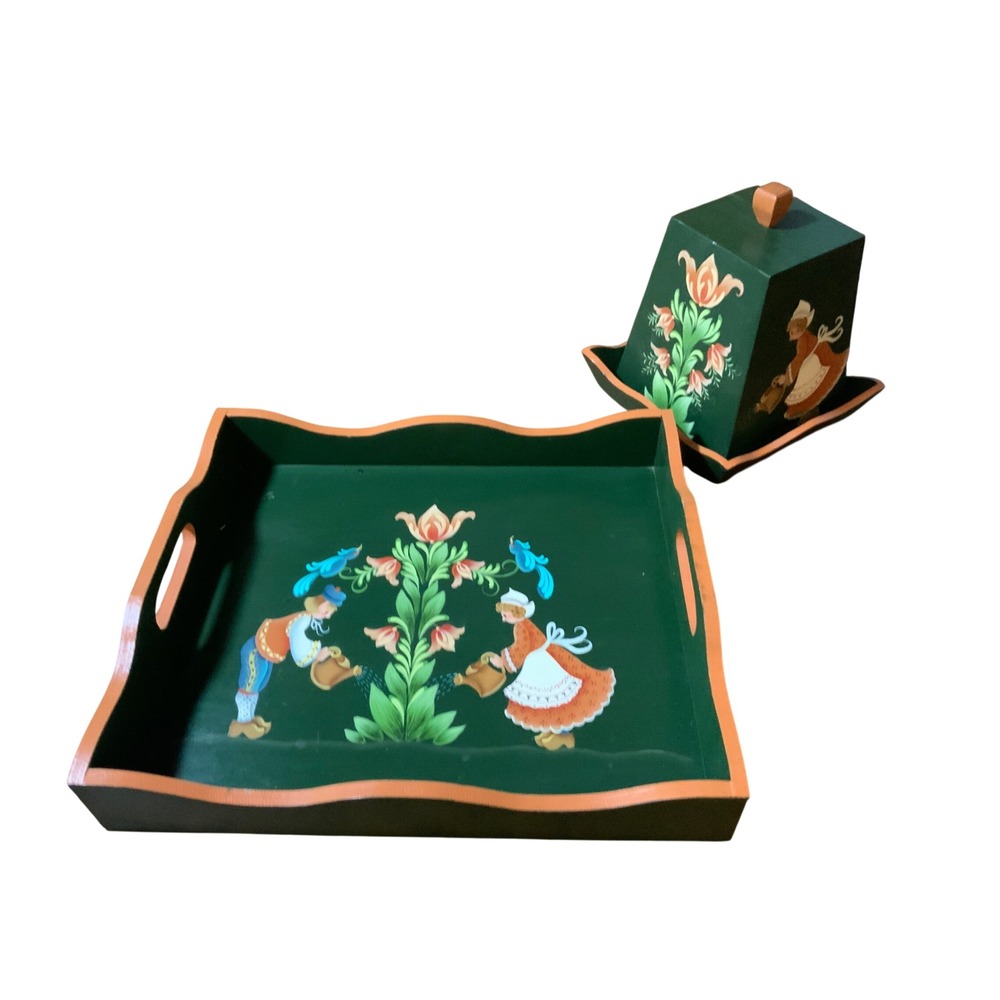 Vintage Dutch Folk Art Hand Painted Wood Serving Tray & Tissue Box Cover Set